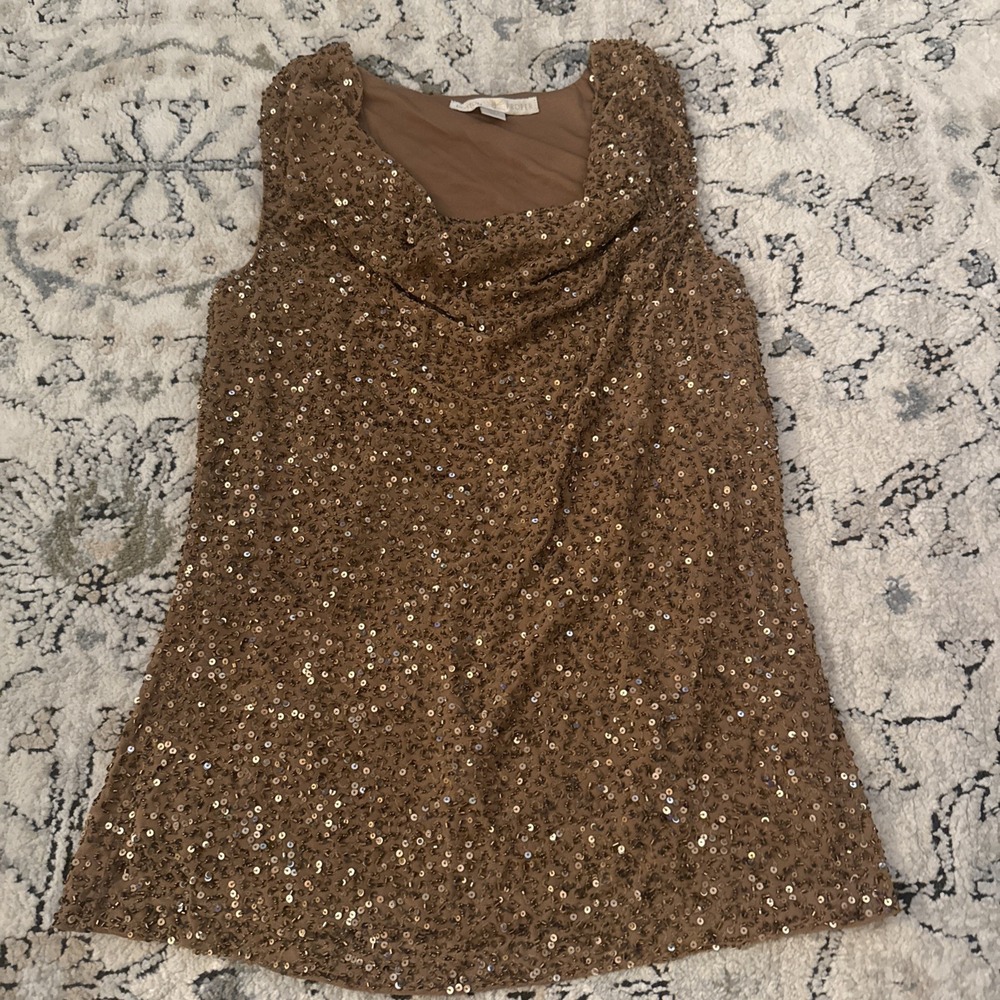 Boston Proper Tank Top Womens Size 2 Sequined And Beaded Brown Scoop neck